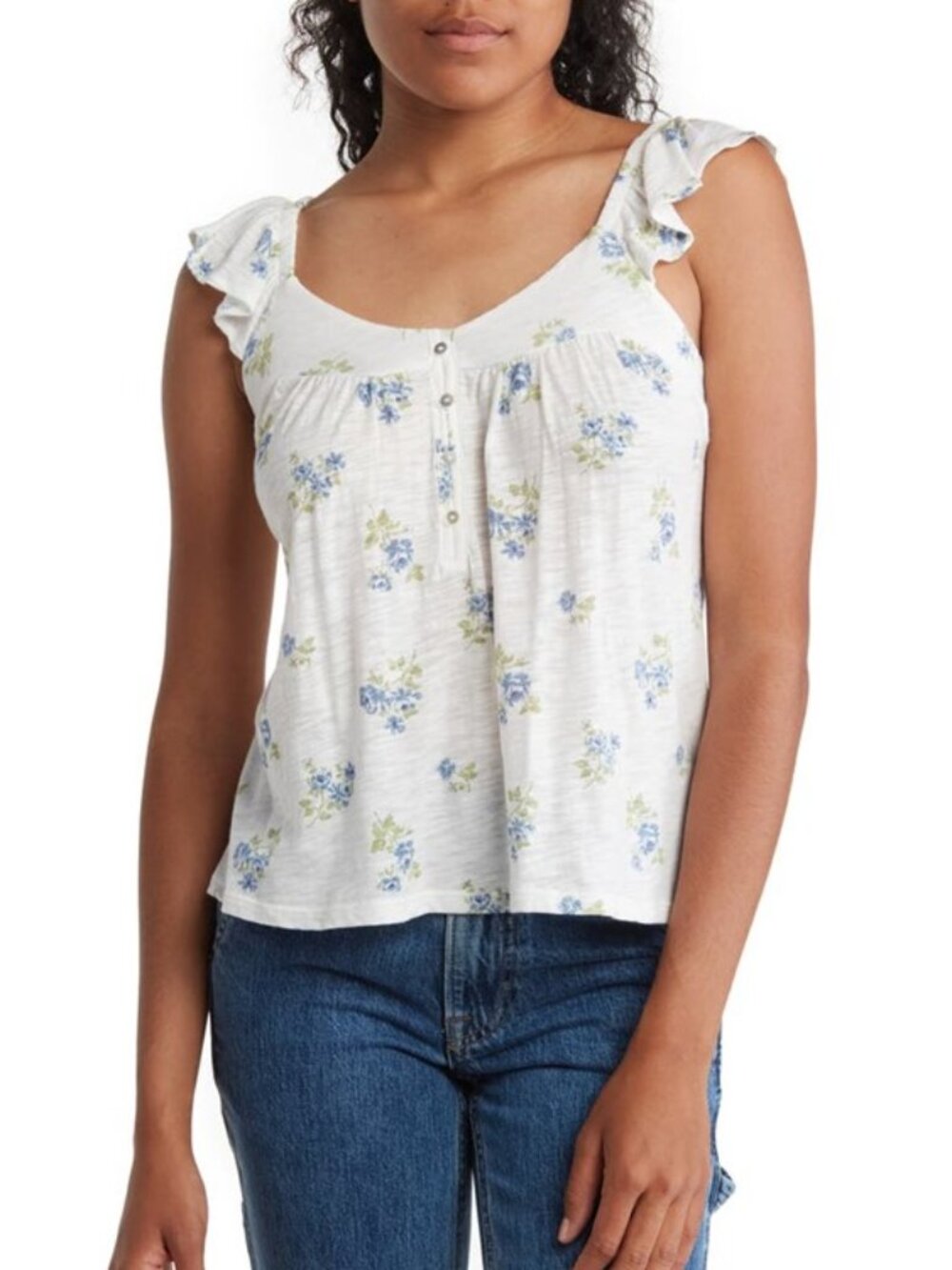Lucky Brand Floral Flutter Sleeve Henley Tank Top Blue & Green Size XL NEW